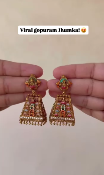 Beautiful and viral Meenakari work Gopuram Jhumkas.